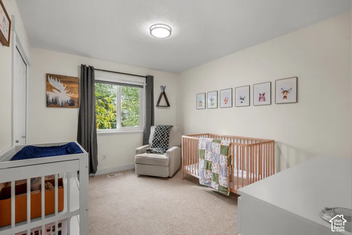 Carpeted room with a flush-mount ceiling light and a window with roller shades