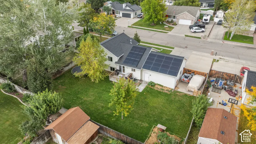 Expansive backyard with a manicured lawn, established trees, and a detached shed