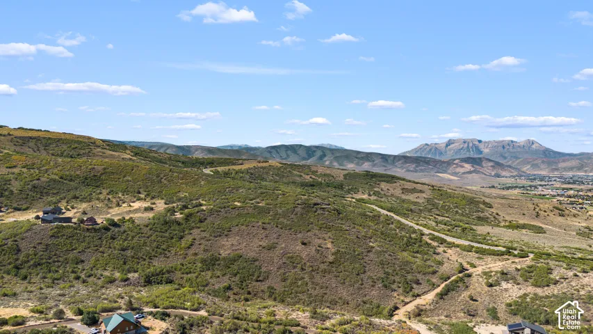 Expansive undeveloped land with a distant mountain range and scattered residential structures