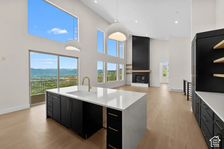 Open-concept living space featuring high ceilings, wood-finish flooring, and a central island with a sink and brass faucet