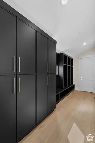 Matte black cabinetry with gold-tone hardware