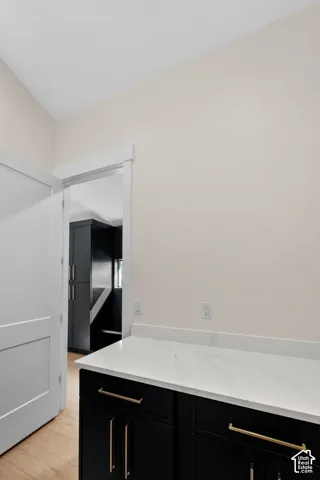 Black cabinetry with gold-tone hardware, white countertop, white interior door, and wood-finish flooring