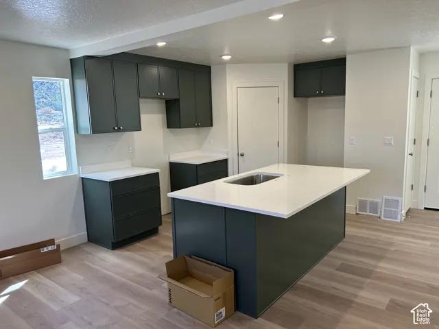 Wood-finish flooring, recessed lighting, dark cabinetry, light countertops, and a kitchen island with an integrated sink