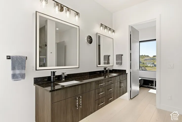Dual sink vanity with dark wood-finish cabinetry, dark stone-finish countertop, and undermount sinks