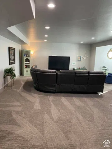 Recessed ceiling lighting with a drop ceiling feature, patterned carpeting, and a built-in display cabinet