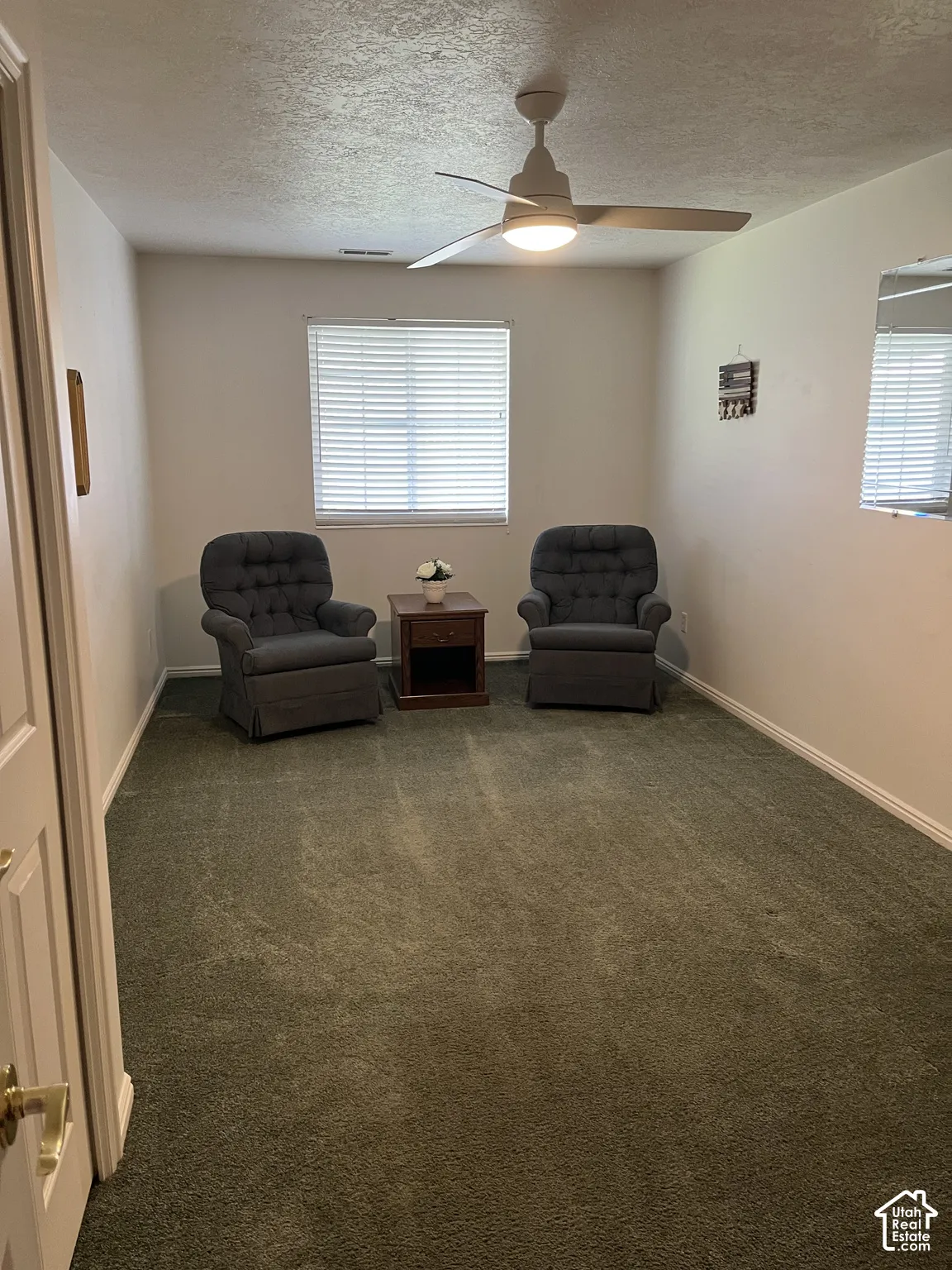 Recessed lighting, ceiling fan with integrated light, window with blinds, and wall-to-wall carpeting