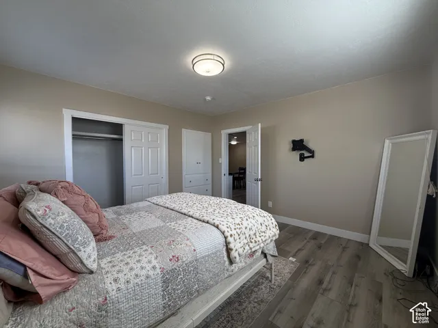 Wood-finish flooring, neutral wall paint, ceiling light fixture, bi-fold closet doors, and built-in cabinetry