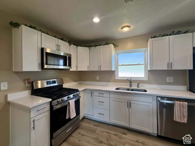 White shaker-style cabinetry, stainless steel appliances, light-toned countertops, wood-finish flooring, and a double basin sink