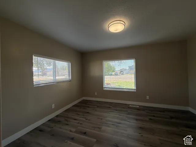 Wood-finish flooring, warm neutral wall tones, two windows with blinds, and a flush-mount ceiling light