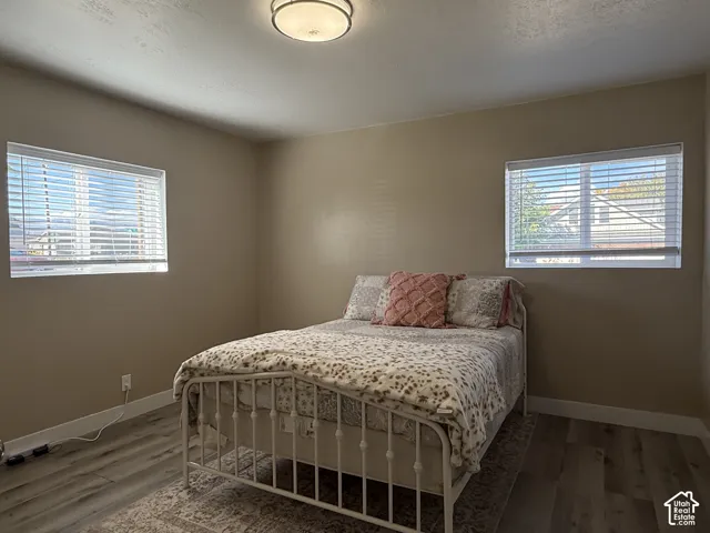 Neutral wall paint, wood-finish flooring, two windows with blinds, and a ceiling-mounted light fixture