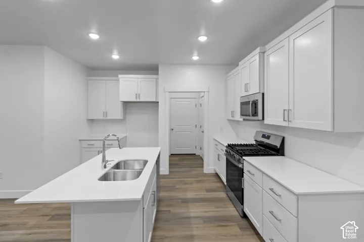Contemporary kitchen featuring white cabinetry, stainless steel appliances, a center island with a double basin sink, recessed lighting, and wood-finish flooring