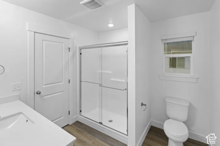 White vanity with integrated sink, glass-enclosed shower, wood-finish flooring, and a white toilet