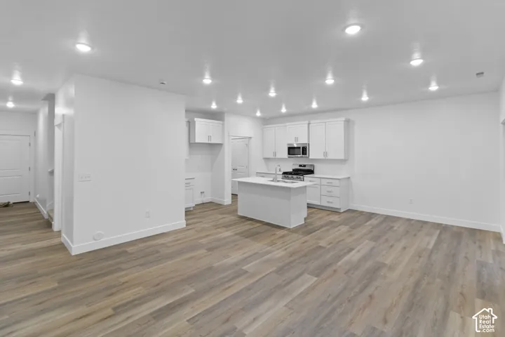 Open-concept space featuring wood-finish flooring, recessed lighting, and white cabinetry