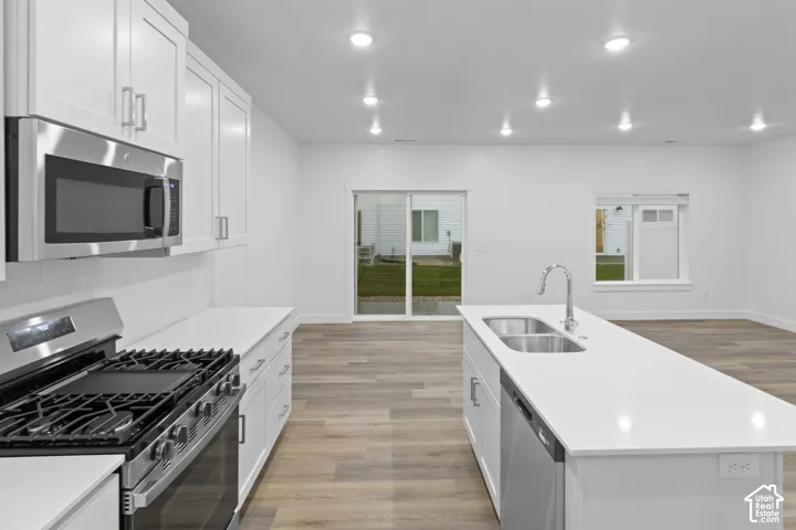Kitchen featuring white cabinetry, stainless steel appliances, a center island with an undermount sink, and wood-finish flooring