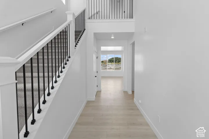 Two-story foyer featuring light wood-finish flooring, a carpeted staircase with white handrails, black metal balusters, and a second-story landing