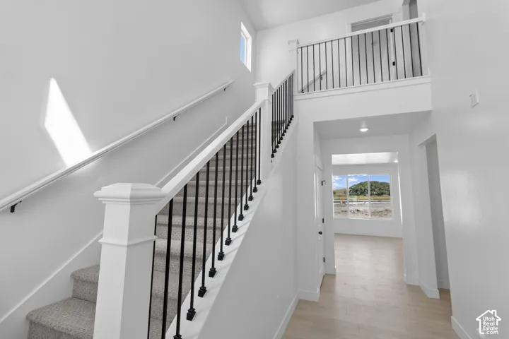 Two-story entryway featuring wood-finish flooring, a carpeted staircase with white risers, and black metal balusters