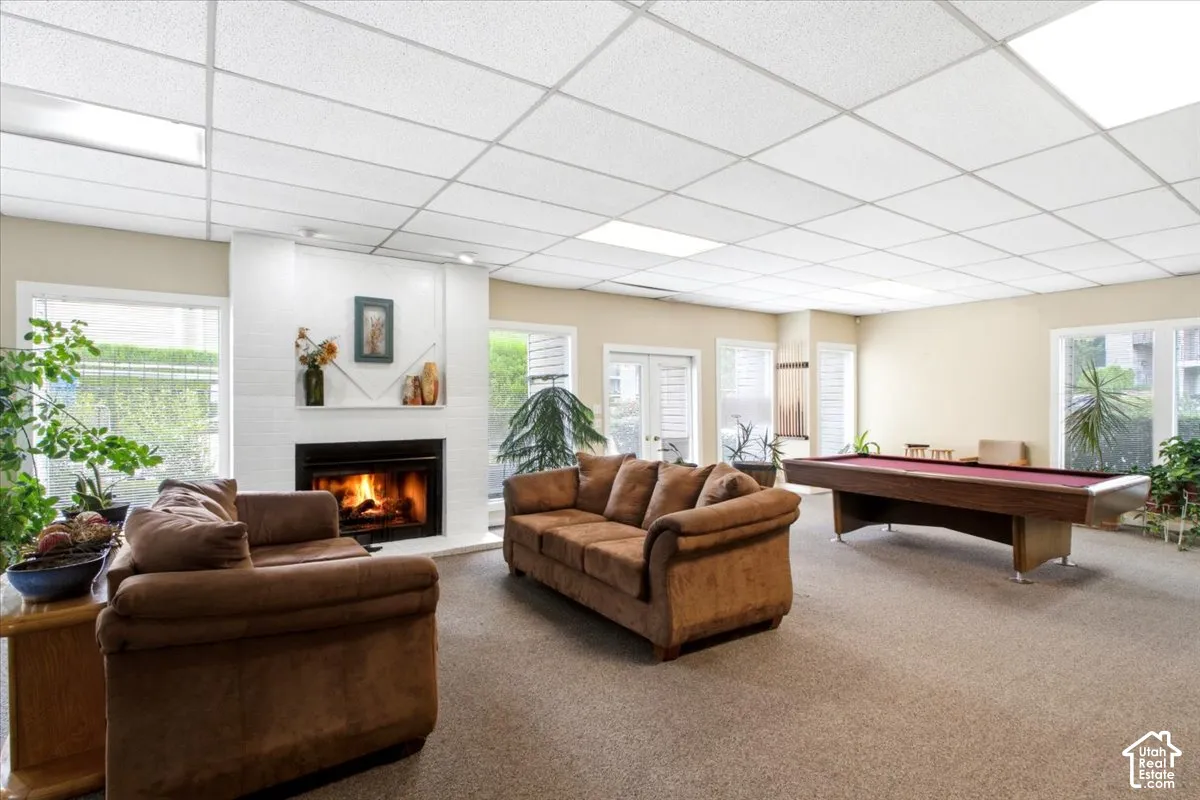 Fireplace with white tile surround