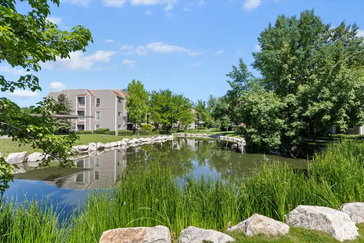 Pond with natural rock landscaping and abundant mature foliage, bordered by a multi-story building with light-toned siding