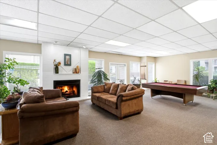 Fireplace with white tile surround