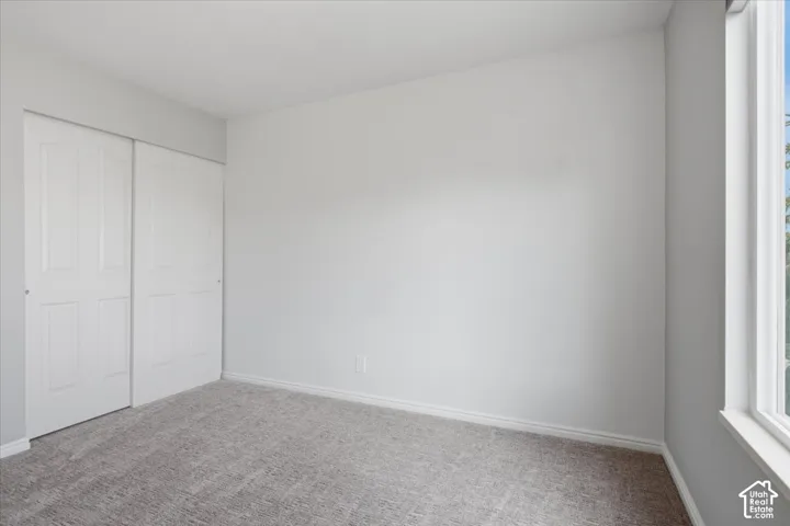 Gray wall-to-wall carpeting, white sliding closet doors, white trim, and a white-framed window