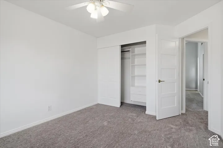 Neutral tone wall finish, gray carpet flooring, ceiling fan with integrated lighting, built-in closet system with shelving and drawers, and a five-panel interior door with a brushed nickel handle