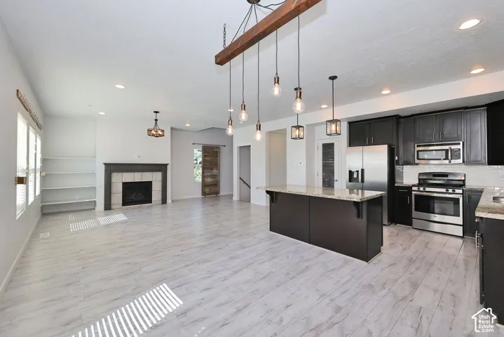 Wood-finish flooring throughout, kitchen island with stone countertop, stainless steel appliances, built-in shelving, and fireplace with tile surround