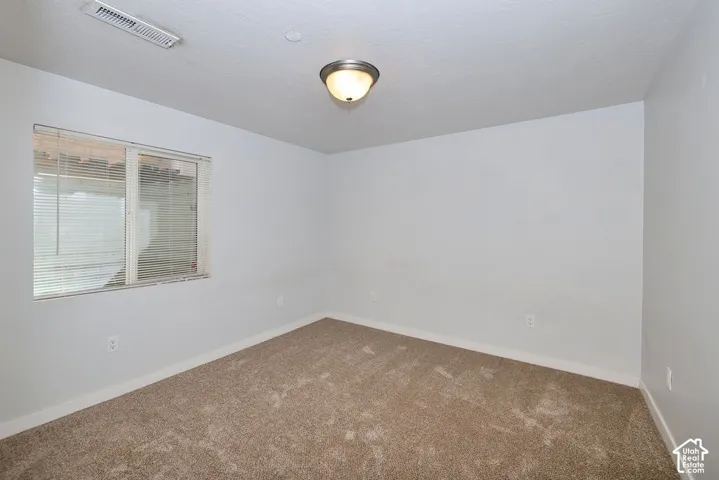 Neutral paint palette with carpeted flooring, window with blinds, and flush-mount ceiling light
