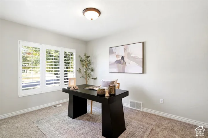 Window with plantation shutters, overhead flush-mount lighting, and light-colored carpeting