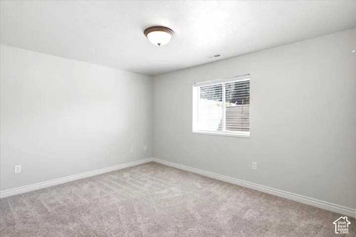 Neutral wall paint, plush carpet flooring, recessed window, window blinds, and flush mount lighting
