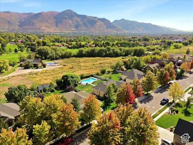 Mountain range backdrop, residential rooftops, mature trees with varied foliage, paved street, and landscaped properties