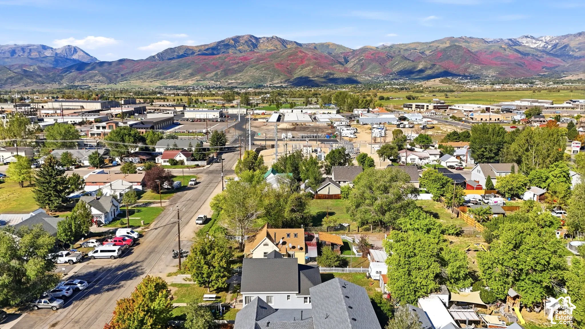 Residential properties surrounded by mature trees, with a prominent mountain range backdrop