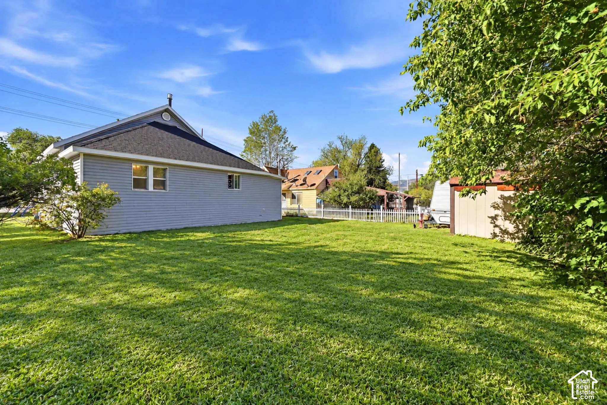 Expansive green lawn with mature trees and a detached shed