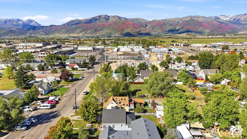 Residential properties surrounded by mature trees, with a prominent mountain range backdrop