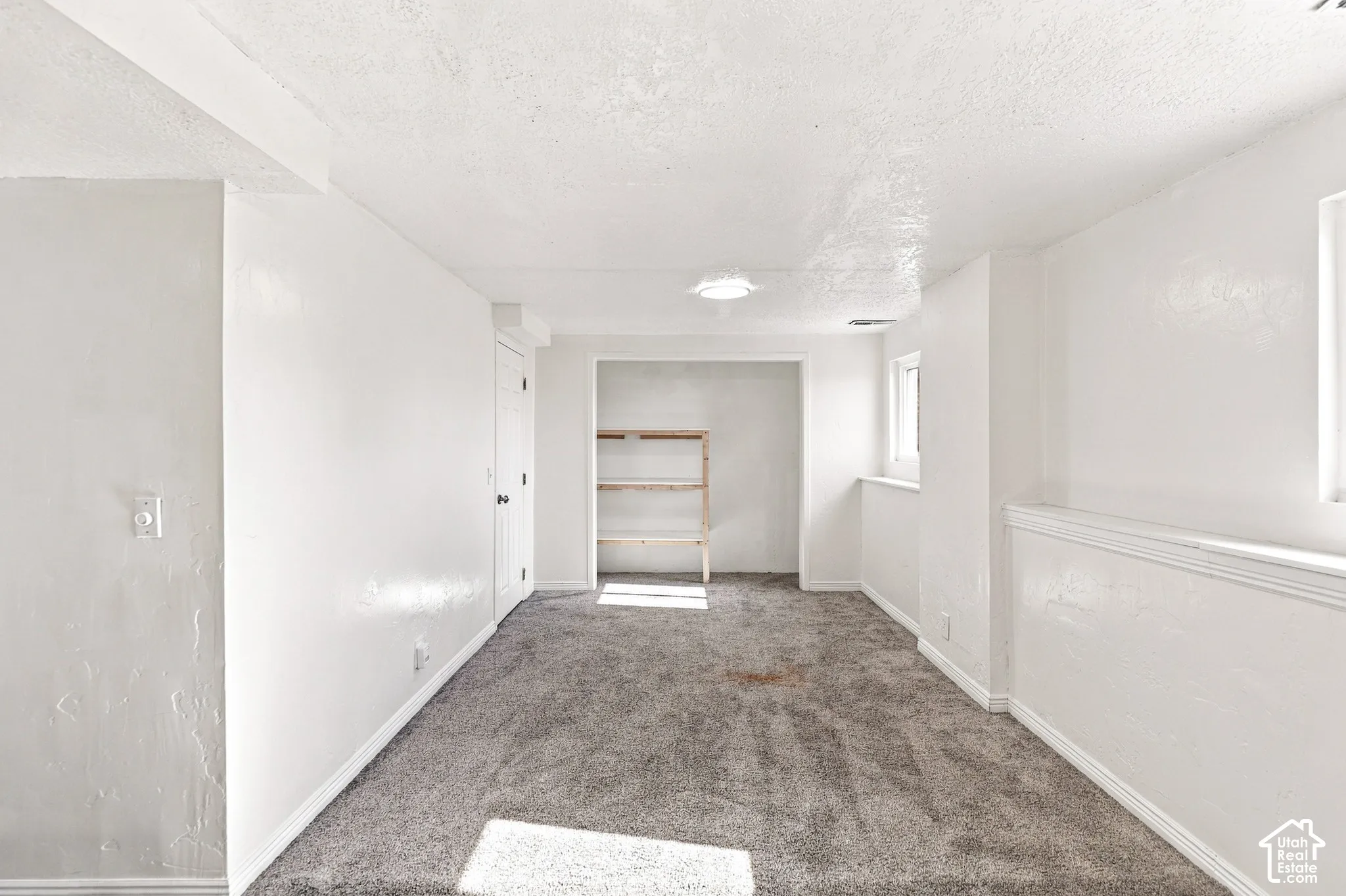 Carpeted floor, built-in shelving, recessed lighting, and white trim