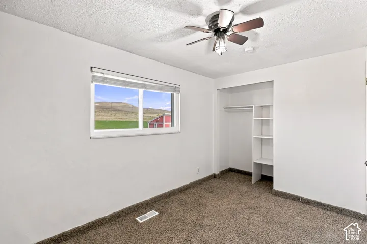 Window with blinds, wall-to-wall carpeting, ceiling fan, and built-in closet shelving