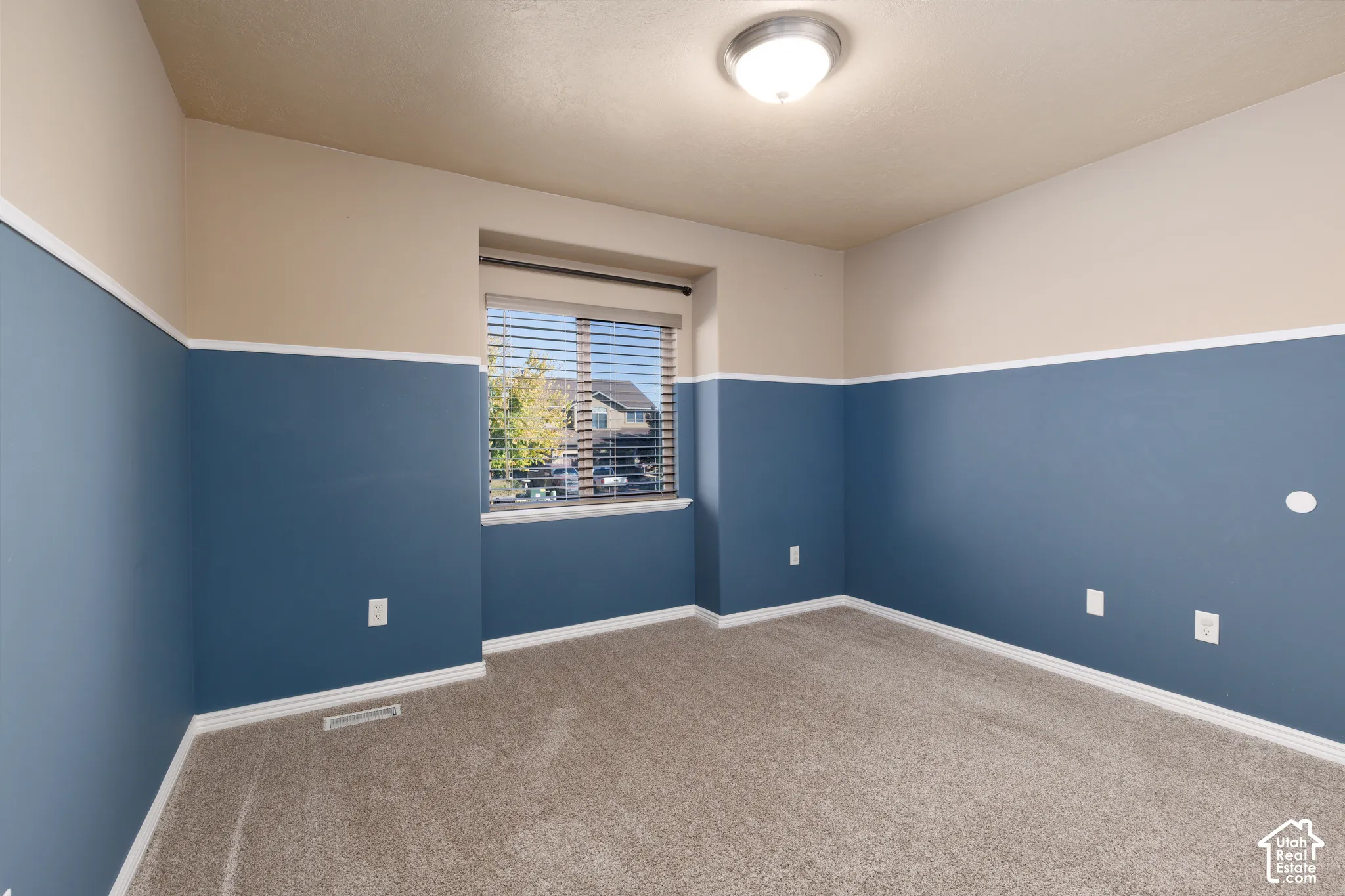 Carpeted flooring with white trim, a single window with blinds, and a flush-mount ceiling light fixture