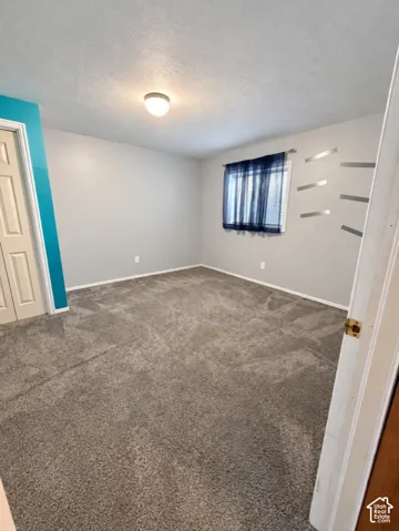 Wall-to-wall gray carpet, light gray wall paint, and a single window with dark blue curtains