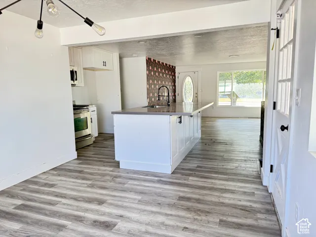 Spacious open-concept interior featuring light wood-finish flooring