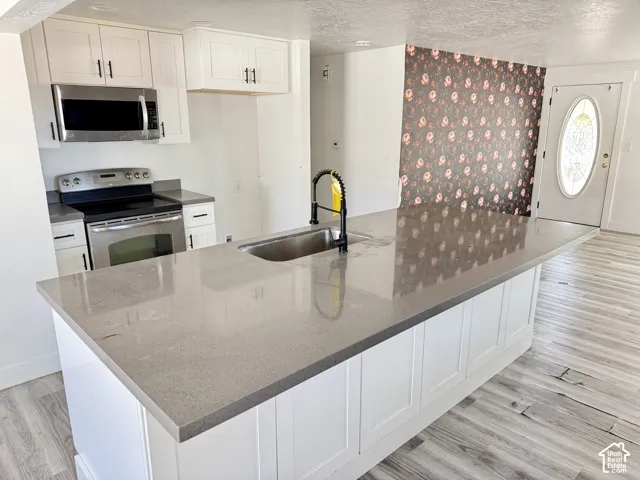 Kitchen featuring a central island with an undermount sink, stainless steel appliances, white cabinetry, and wood-finish flooring