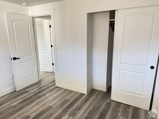 White panel doors, wood-finish flooring, white walls, and bright overhead lighting