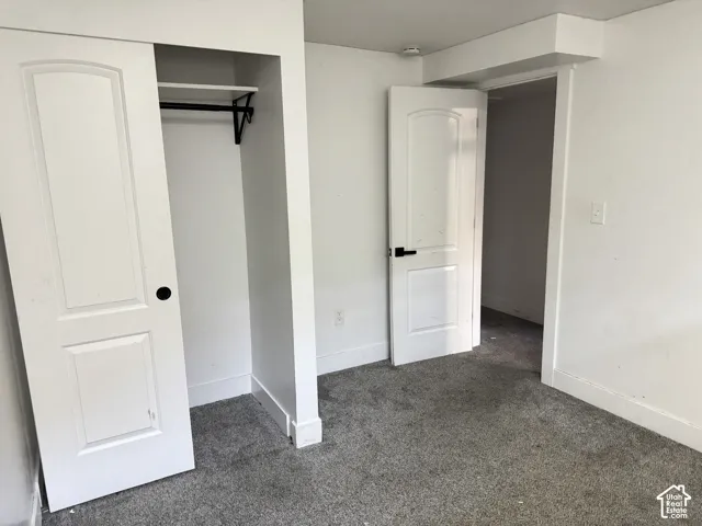 Wall-to-wall carpeting with a neutral finish, white interior doors, and a built-in closet with shelving and hanging rod