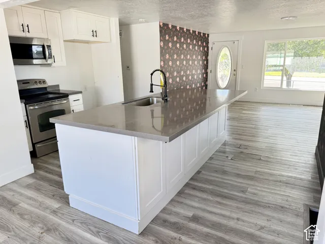 Kitchen featuring a central island with an integrated sink, stainless steel appliances, white cabinetry, and wood-finish flooring