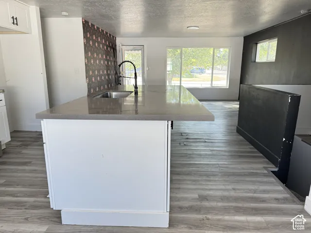 Kitchen island featuring a flat-panel sink, gooseneck faucet, and light-toned countertop