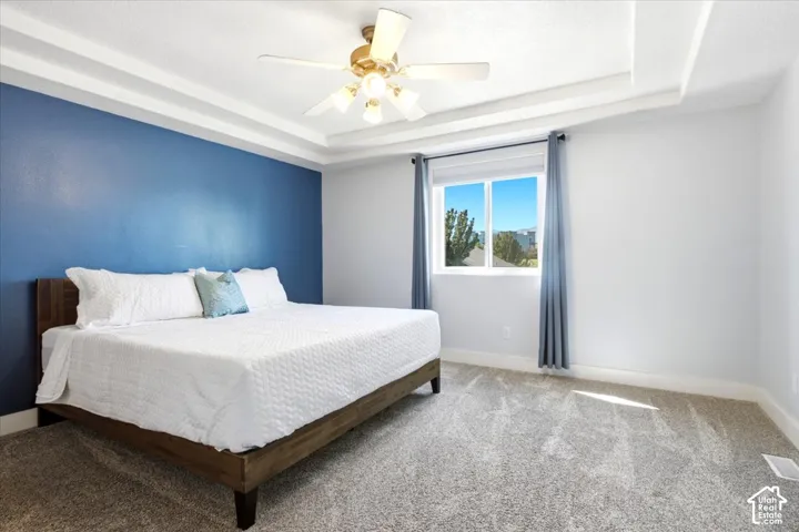 Tray ceiling with a ceiling fan, window with scenic backdrop, and carpeted flooring