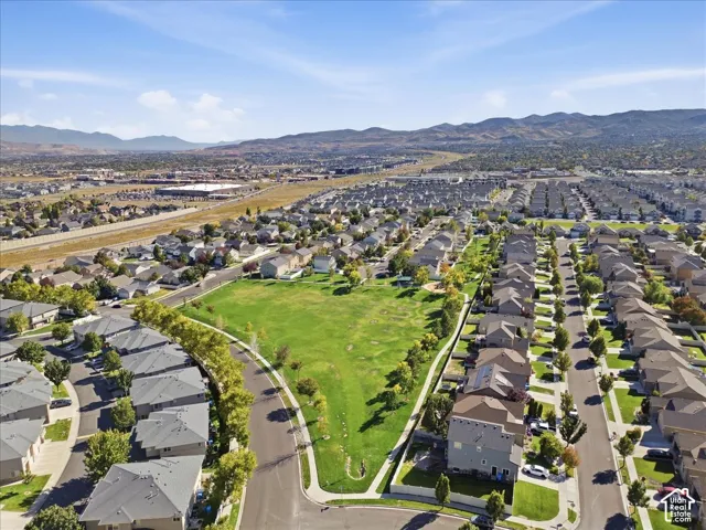 Expansive community green space bordered by residential properties and mature trees