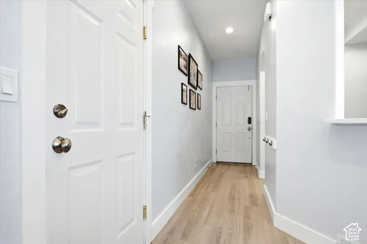 Recessed lighting, wood-finish flooring, white paneled doors, and a built-in shelf