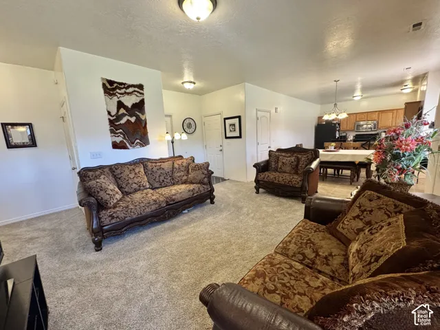 View 3 Open-concept living space featuring newly carpeted flooring.  Laundry Room and Garage sit off living room.   Pantry and linen closet for easy storage.