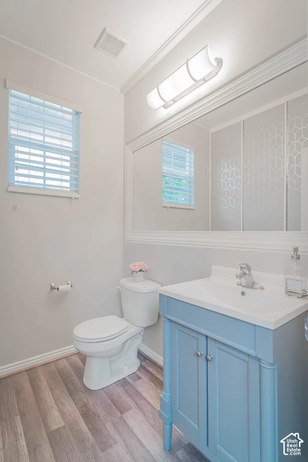 Powder room featuring wood-finish flooring, a light blue vanity with integrated sink, a large wall-mounted mirror, and crown molding