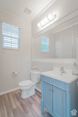 Powder room featuring wood-finish flooring, a light blue vanity with integrated sink, a large wall-mounted mirror, and crown molding