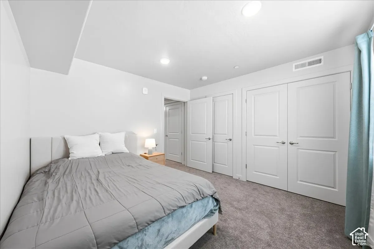 Plush carpet flooring, recessed ceiling lighting, and multiple paneled doors